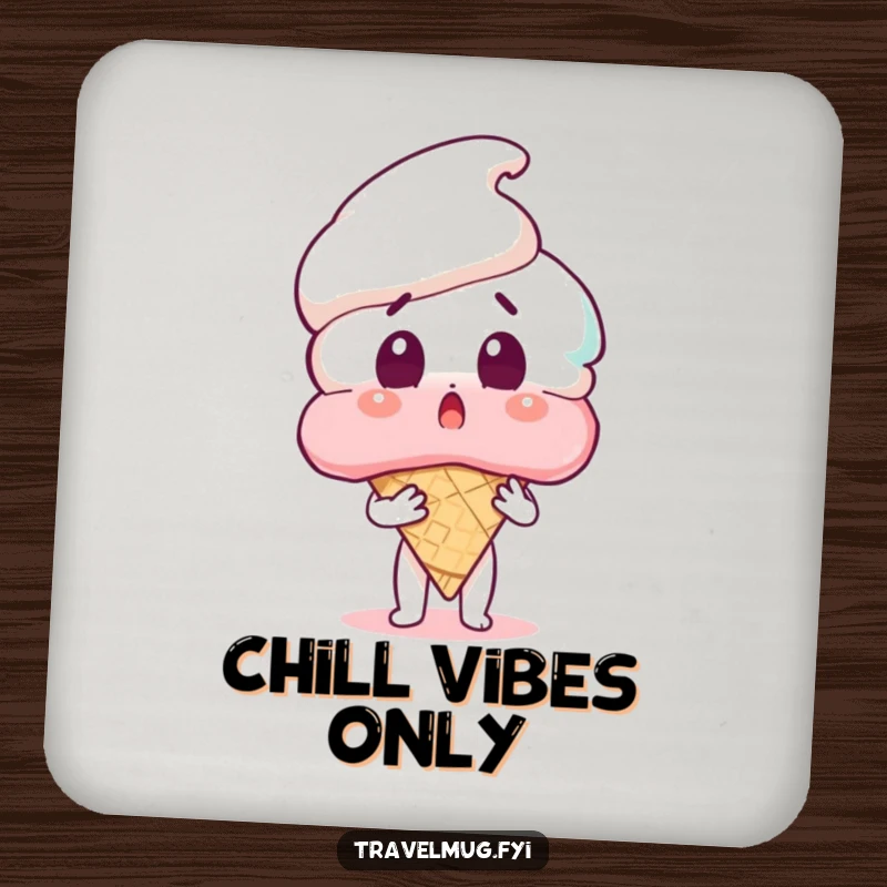 Funny drink coaster featuring a surprised character holding a giant ice cream cone, adding charming humor to any surface.