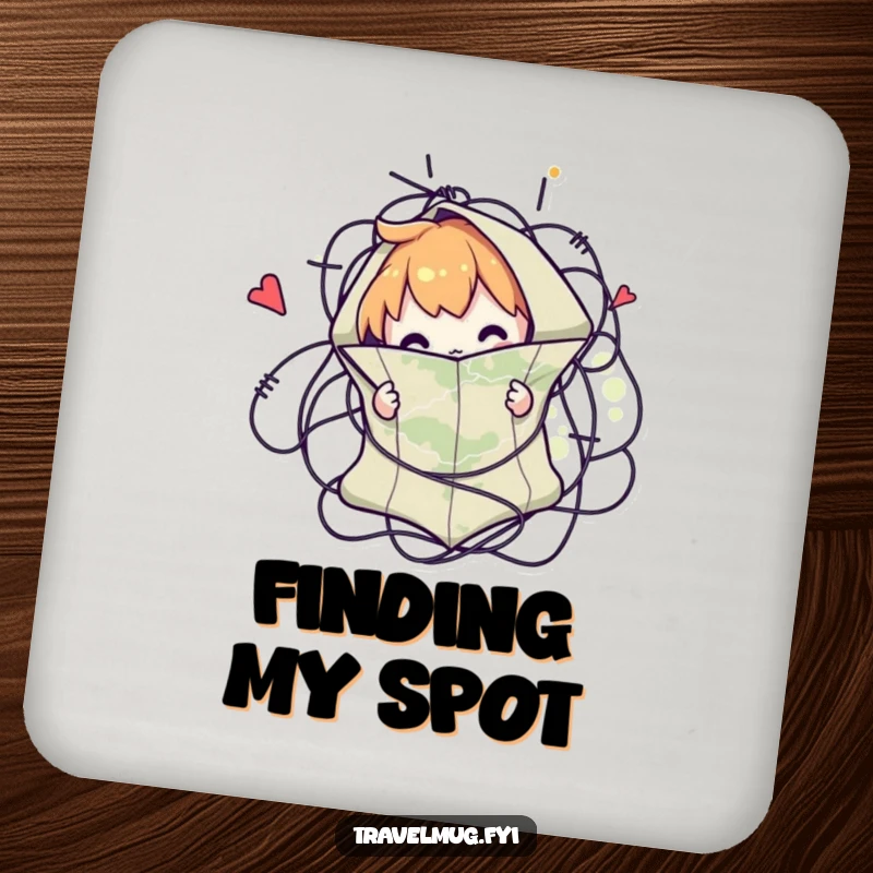 Funny coaster depicting a character comically tangled in a map, protecting surfaces with humorous travel-themed art.