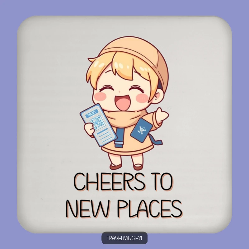 Funny Coaster: Character Holds Passport & Ticket Gleefully, Tabletop Funny Traveler Gift!