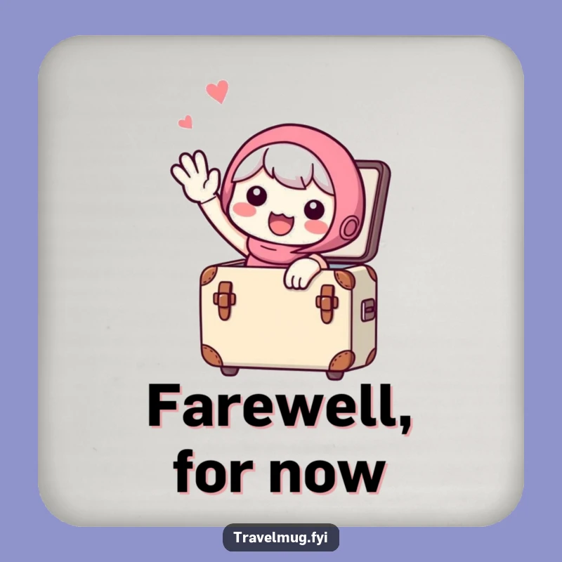 Funny Coaster: Cute Character Waves Goodbye From Suitcase, Tabletop Funny Travel Gift!