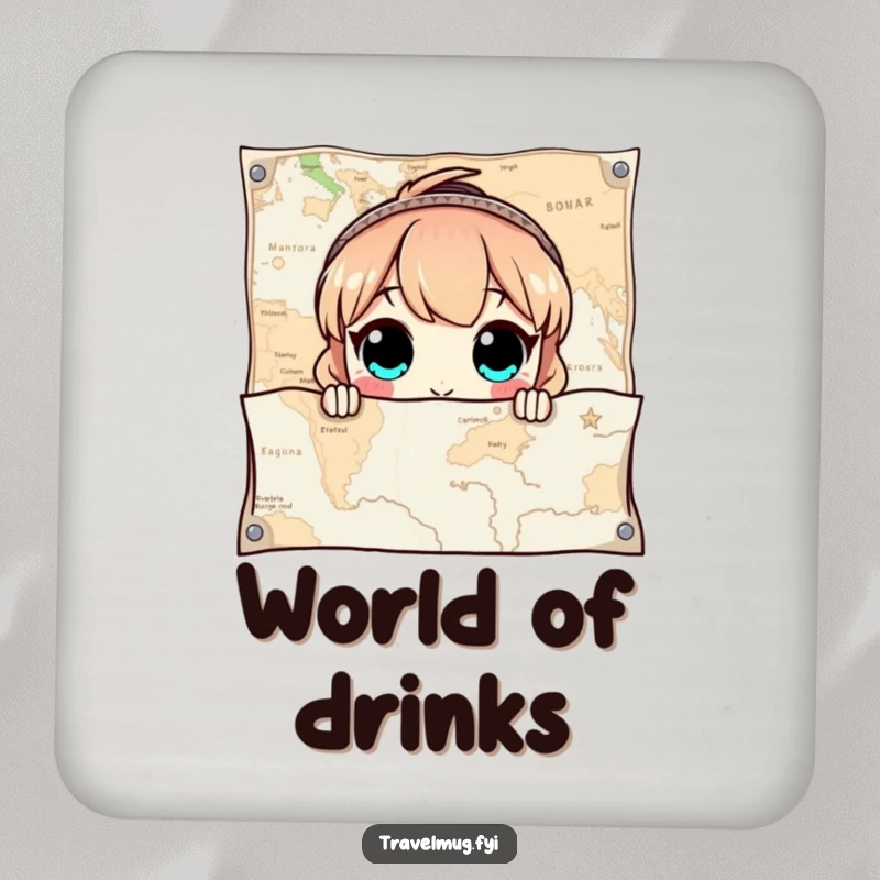 Funny Drink Coaster featuring a character with wide eyes peeking out from behind a giant map, adding adventurous humor.