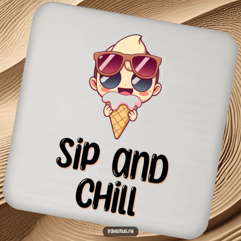 Funny Drink Coaster featuring a character in oversized sunglasses grinning and holding a melting ice cream cone, adding summer humor.