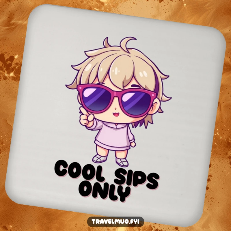 Funny drink coaster with a character wearing oversized sunglasses, striking a pose, adding a touch of cool whimsy to any surface.