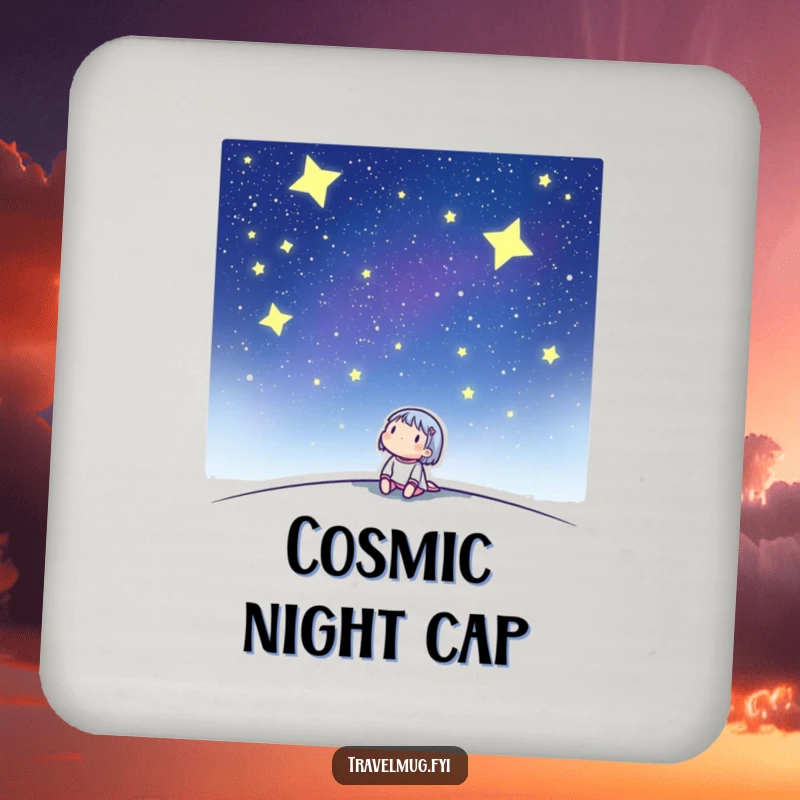 Funny drink coaster with a cute character looking up at a starry night sky, offering protection and cosmic charm.