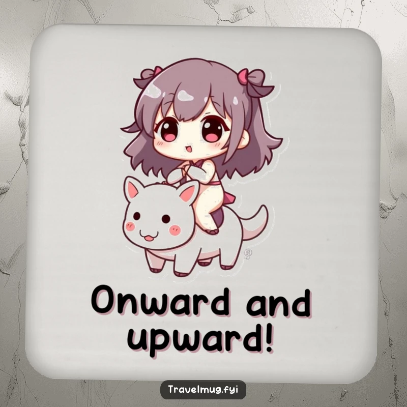 Funny drink coaster with a cute character riding a small, playful creature, adding a humorous accent to any surface.