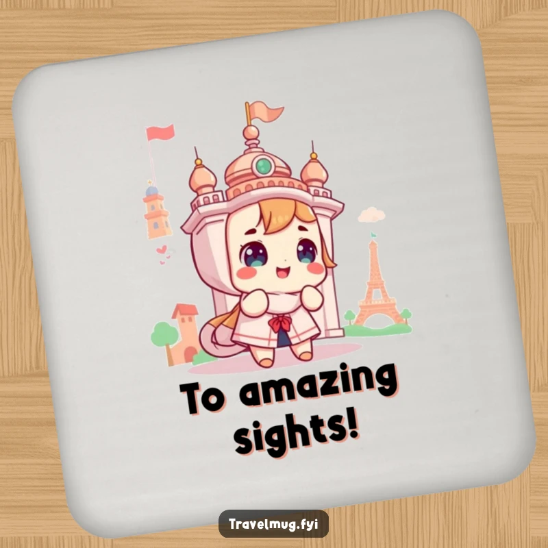 Funny drink coaster with a cute character looking in wonder at a landmark, adding a touch of travel humor and awe.