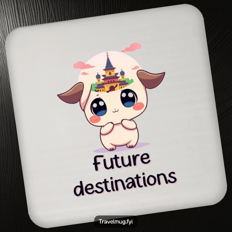 Funny drink coaster with a wide-eyed kawaii character looking at a colorful, distant landmark, offering surface protection with humor.