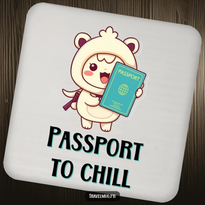 Funny Kawaii Coaster, a cute character holding a passport, perfect for protecting tables with travel humor.
