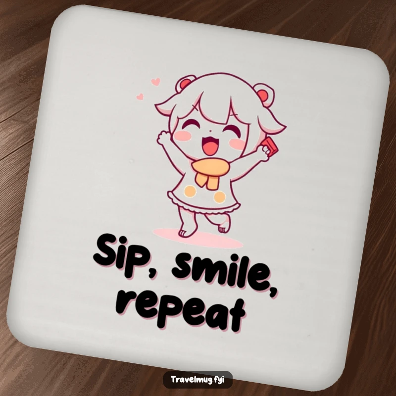 Funny Kawaii character drink coaster showing a cute character doing a happy dance with a souvenir, protects surfaces with charm.