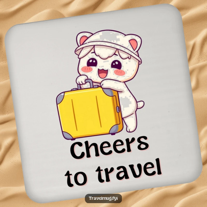 Funny Kawaii Coaster, a cute character pointing at a suitcase, perfect for protecting tables with travel humor.
