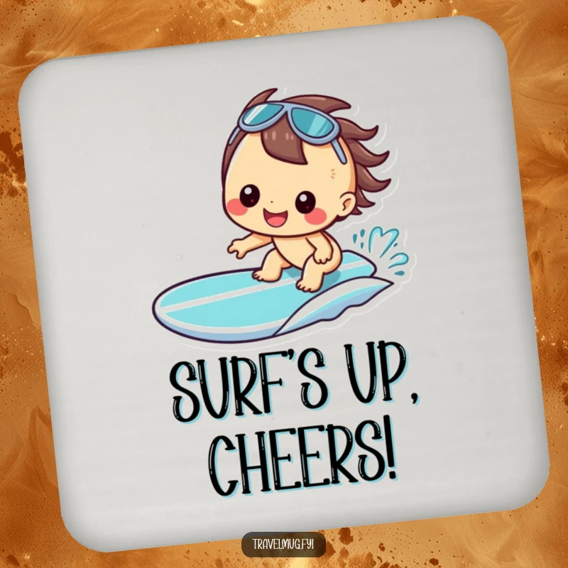 Funny Kawaii Coaster, a cheerful character grinning on a surfboard, perfect for protecting tables with beach humor.