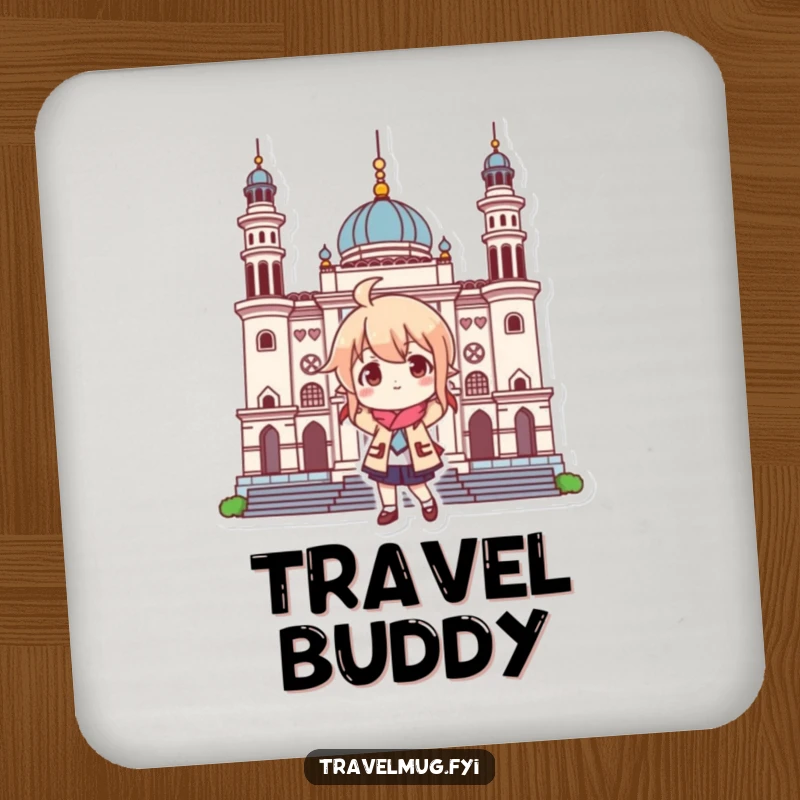 Funny drink coasters featuring a character playfully posing at a landmark, protecting surfaces with travel-themed humor.