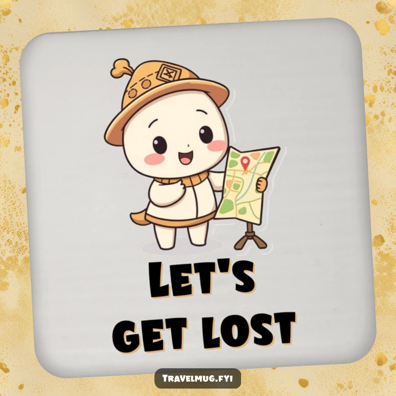 Funny coaster shows a character in a silly hat pointing at a funny map, adding a touch of adventure humor.
