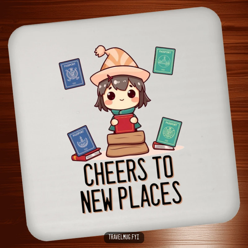 Funny Drink Coaster: A character wearing a silly hat balances multiple passports, protecting surfaces with travel humor.