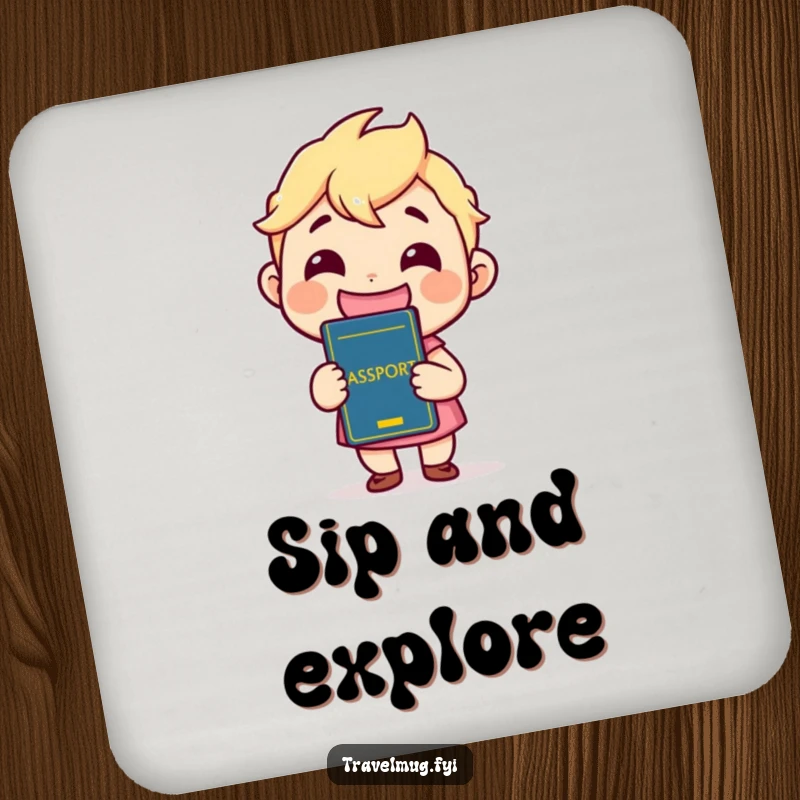 Funny Drink Coaster showcasing a kawaii character grinning widely while holding a passport, adding a touch of travel and humor.