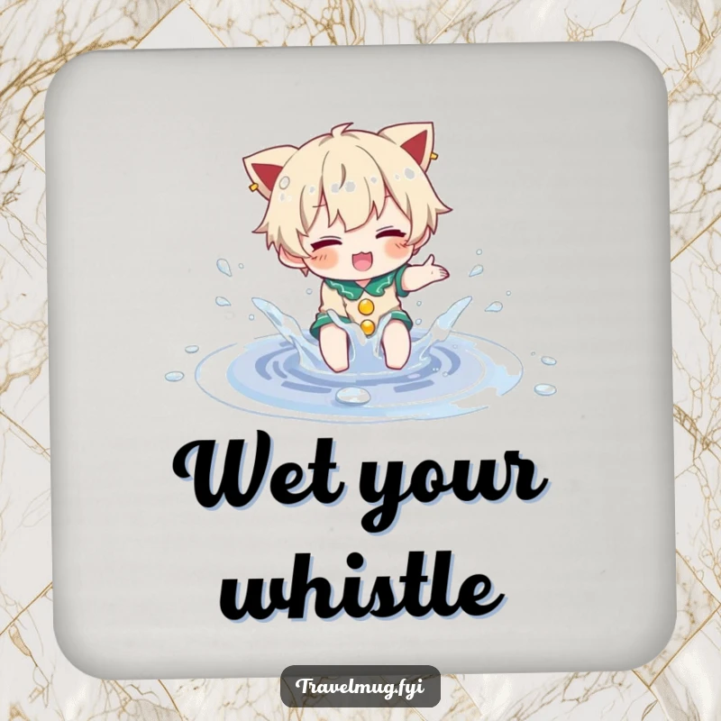 Funny Drink Coaster: A character joyfully splashing in a small, sparkling puddle, protecting surfaces with fun.