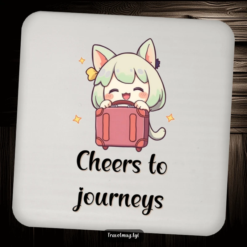 Funny drink coasters featuring a character hugging a suitcase, protecting surfaces with travel-themed humor.