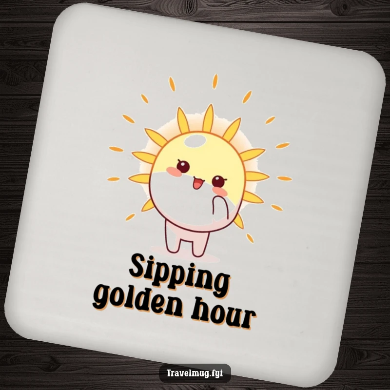 Funny Drink Coaster showcasing a character pointing towards a shining sun, adding a cheerful and bright touch to any table setting.