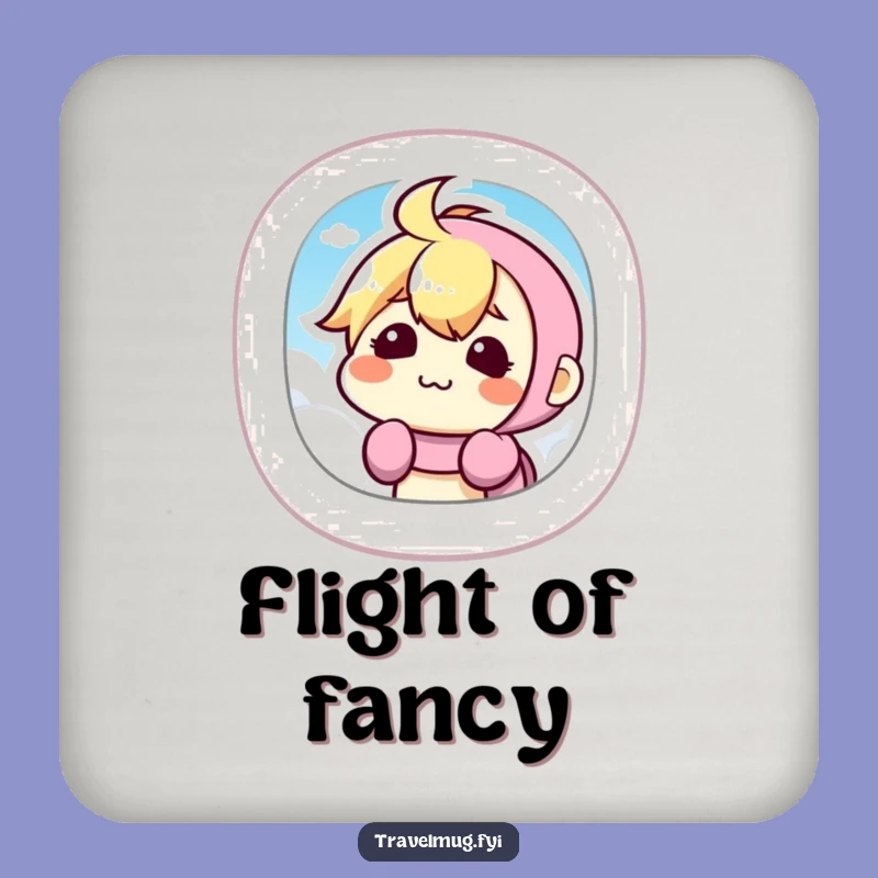 Keep your surfaces protected from drinks with this fun and funny coaster featuring a kawaii character making a silly face from an airplane window. A tiny touch of travel cheer.