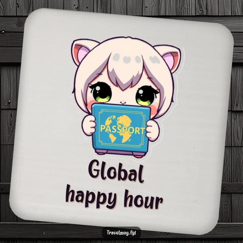 Funny Coaster: A character with wide eyes holds a colorful passport, bringing travel vibes.