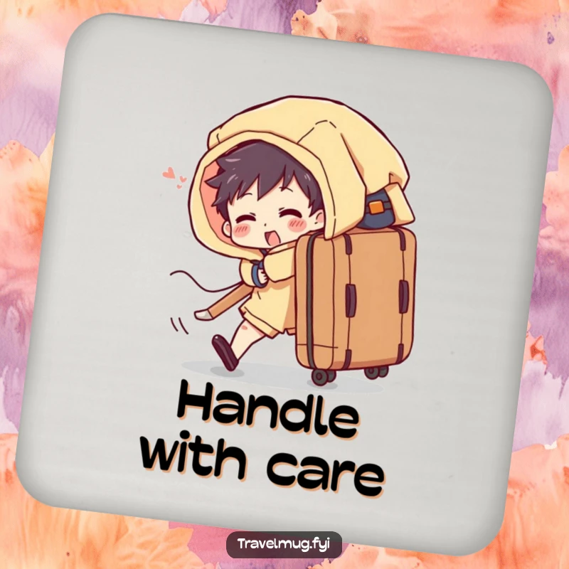 Funny coaster shows a character comically overloaded with a suitcase, adding a touch of packing humor to surfaces.