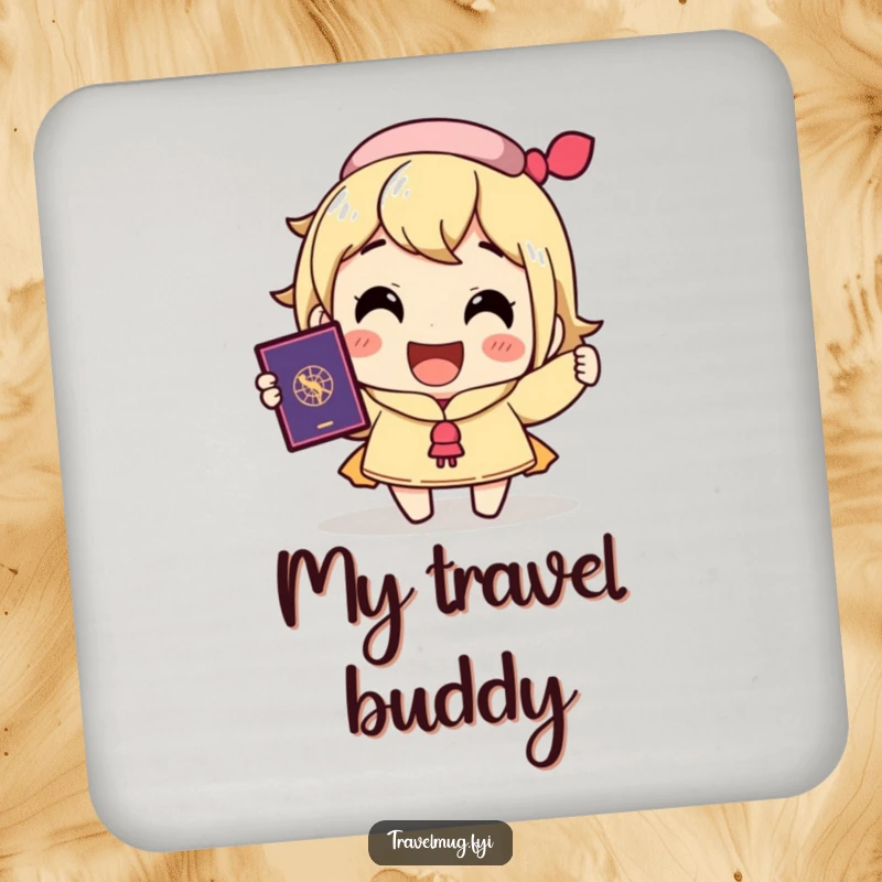 Funny drink coaster with a character's excited smile and passport, offering surface protection with travel-themed humor.