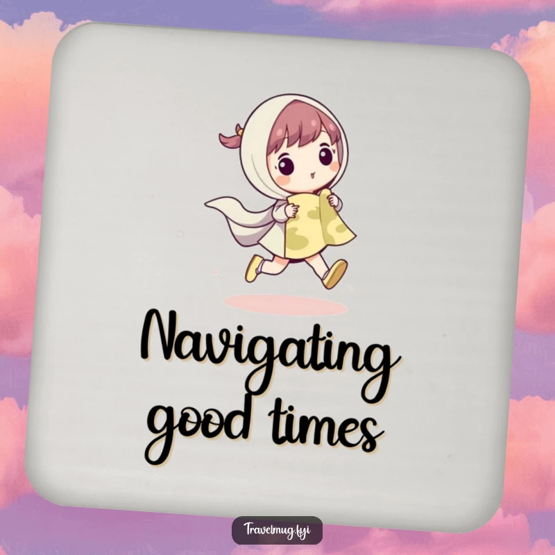 Funny drink coaster featuring a cute character skipping with a map, adding a touch of adventure and humor to any surface.
