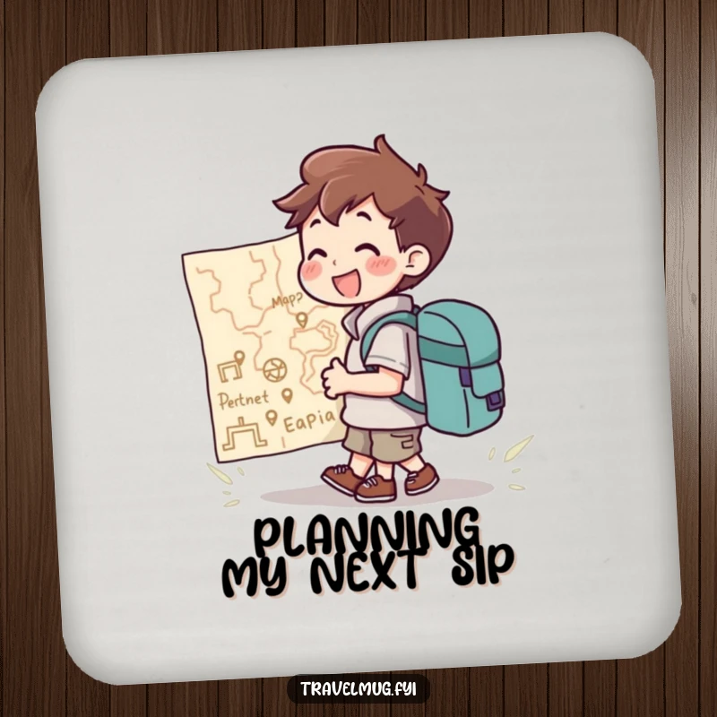 Funny Coaster: A character with a backpack joyfully looking at a giant map, providing a fun, map-themed surface protector.