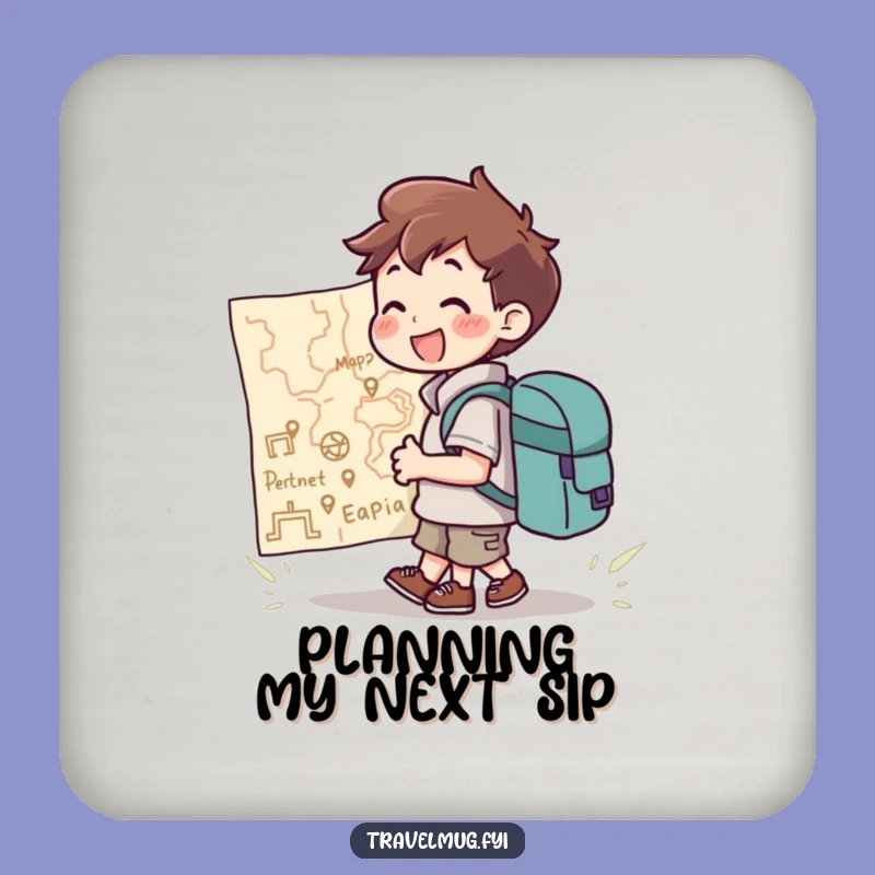 Funny Coaster: Backpack Character Joyfully Views Giant Map, Tabletop Funny Gift!