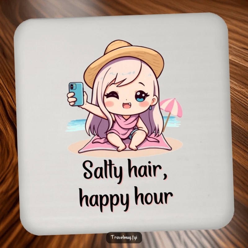 Funny kawaii character taking a selfie on a beach, designed onto a drink coaster, protecting surfaces with a humorous vacation theme.