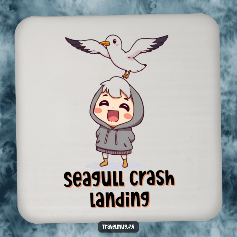 Funny character comically surprised by a flying, smiling seagull, a charming and humorous coaster set.