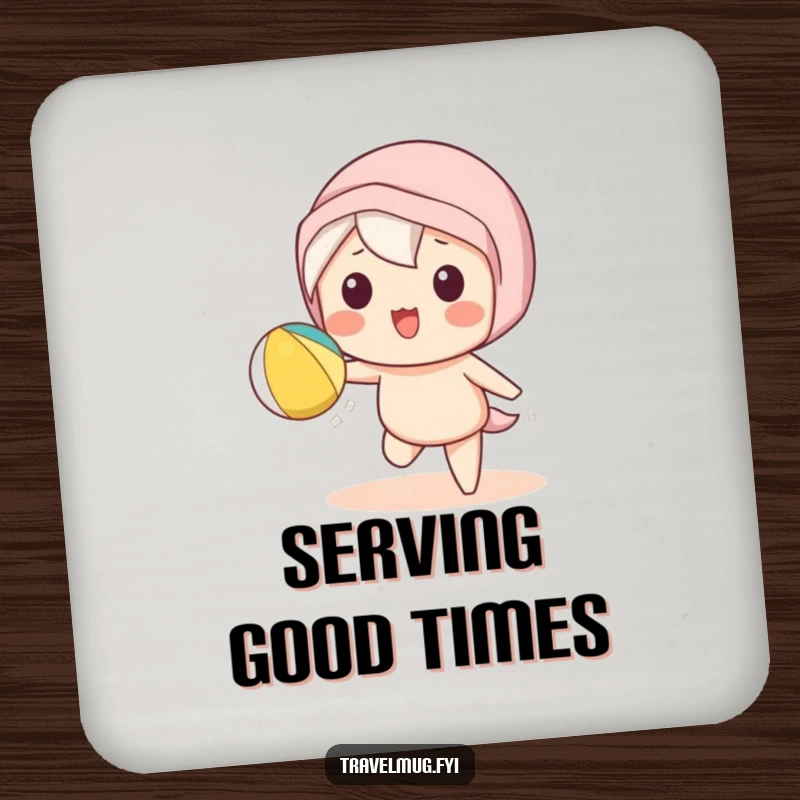 Funny Kawaii character drink coaster showing a cute character playfully tossing a beach ball, protects surfaces with summer charm.