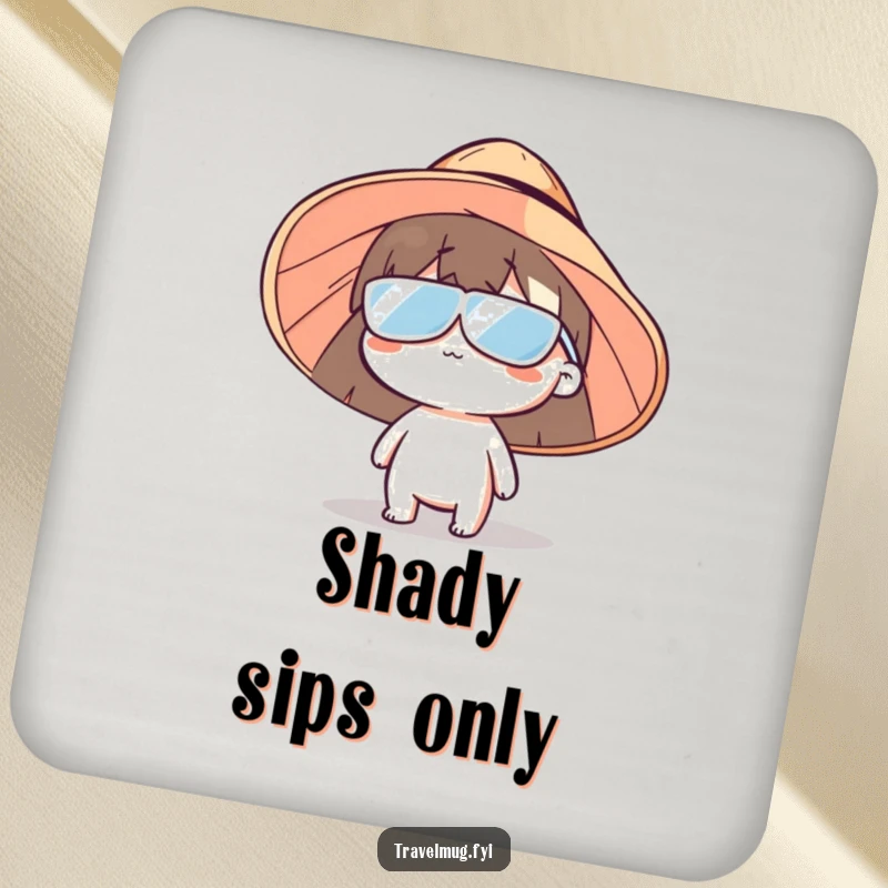 Funny sun hat character drink coaster, a humorous accessory for tabletops, featuring a character wearing an oversized sun hat.