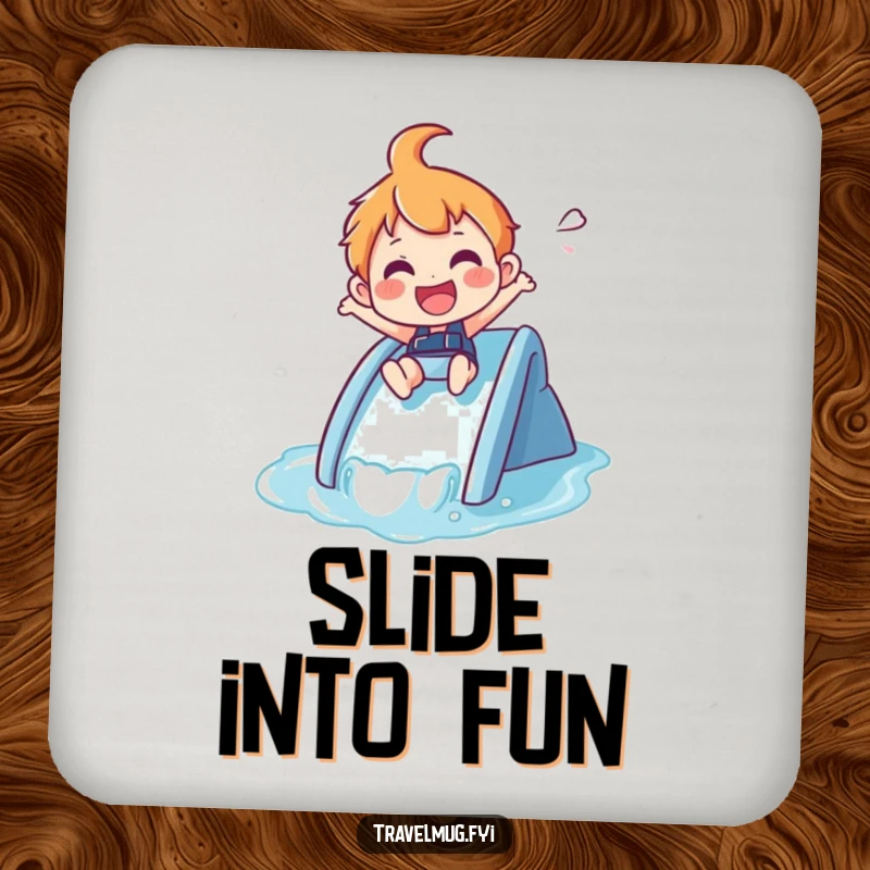 Funny Coaster: A joyful character zips down a small waterslide, bringing summer vibes.