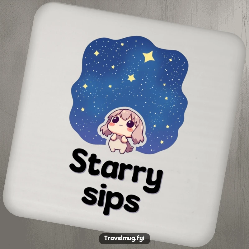 Funny drink coasters featuring a character looking at a starry night sky, protecting surfaces with cosmic humor.