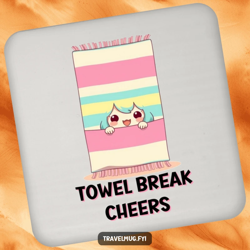 Funny beach peeker drink coaster, a character peeking from a striped beach towel, adding seaside humor to tables.