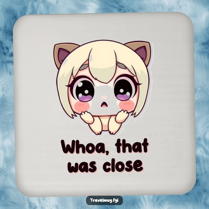 Funny drink coaster with a cute character's comically wide, surprised eyes, adding a humorous touch to table settings.