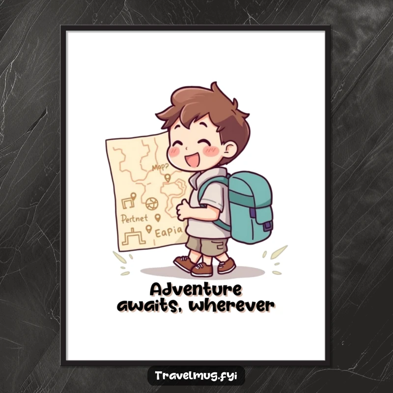 Funny Poster: A character with a backpack joyfully looking at a giant map, symbolizing the thrill of discovery, great decor.