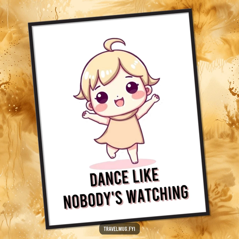 Funny poster art of a cute character performing an ecstatic happy dance, bringing vibrant energy and joy to any space.