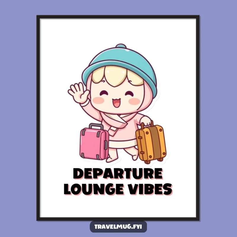 Funny Farewell Poster: Waving Kawaii Character with Suitcase Art