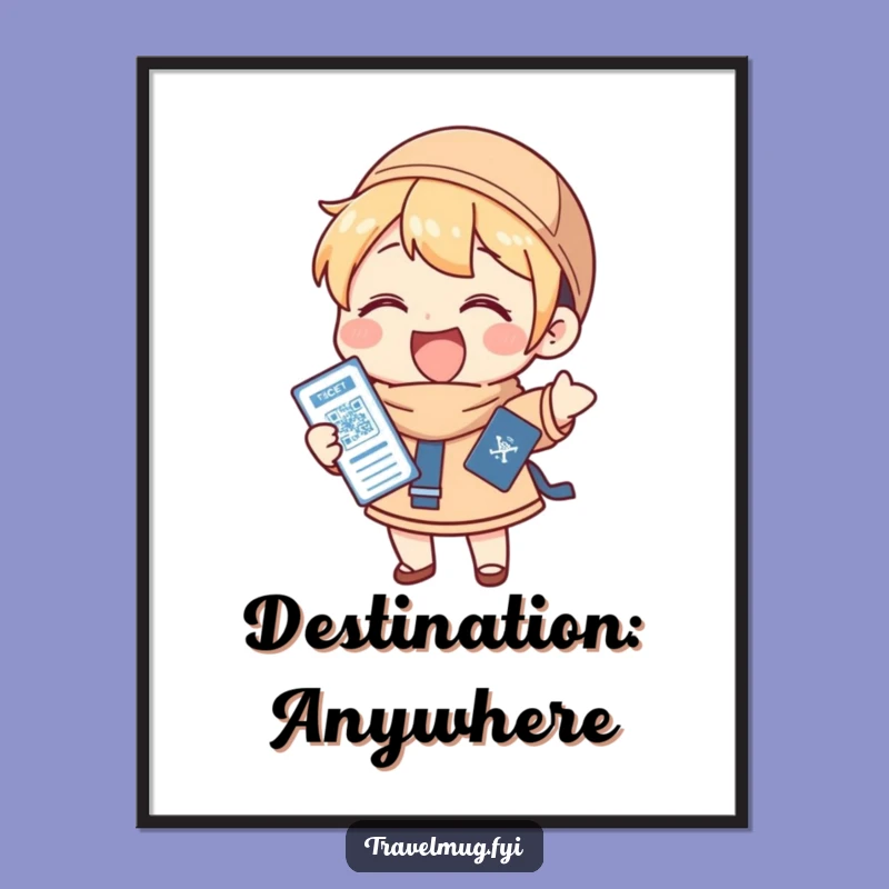 Funny Poster: Character Holds Passport & Ticket Gleefully, Inspiring Funny Travel Art!