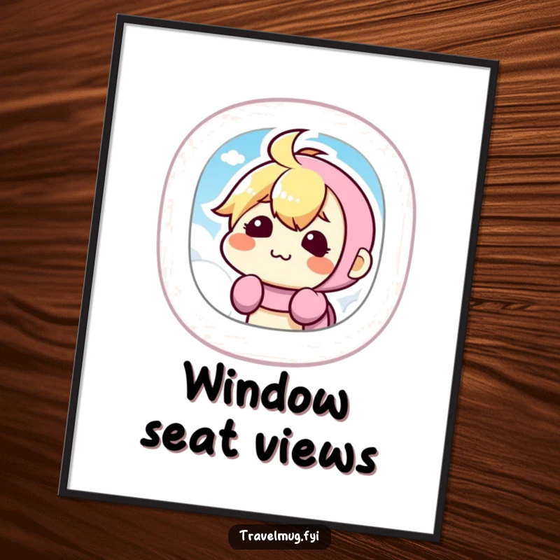 Funny Poster featuring a kawaii character making a comical silly face while looking out an airplane window, perfect for travel-themed decor.