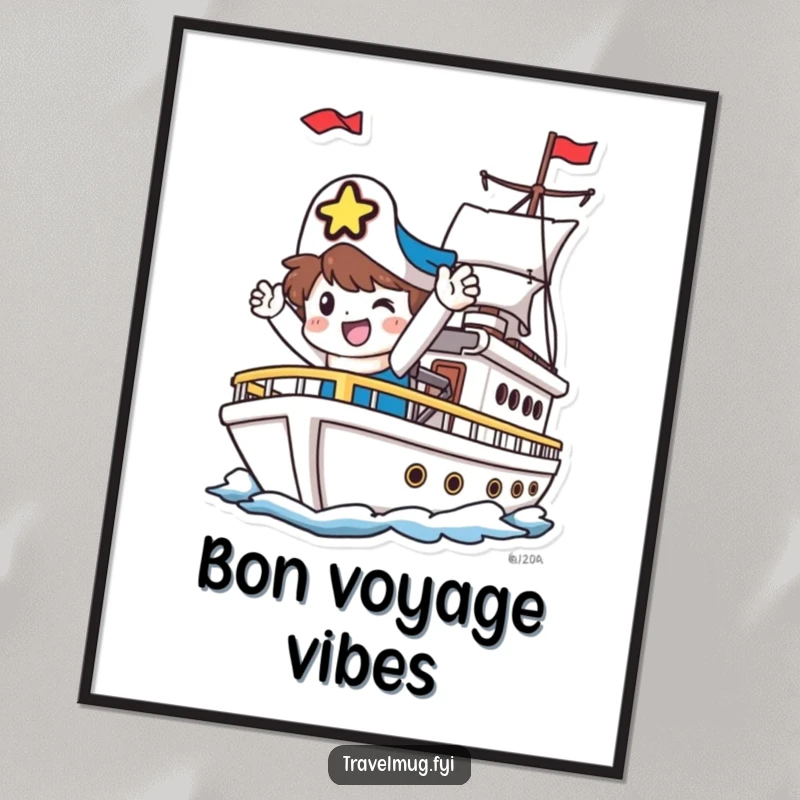 Funny Poster: A happy character waves goodbye from a departing ship, radiating joy and anticipation for travel.