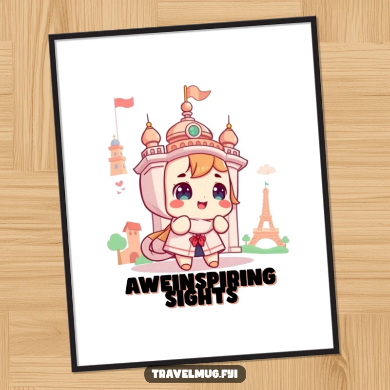 Funny poster art of a cute character gazing with amazement at a grand landmark, evoking a sense of wonder and adventure.