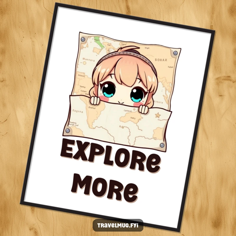 Funny Poster of a character with wide eyes curiously peeking out from behind a giant map, perfect for adventurous wall decor.