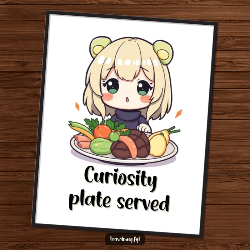 Funny Poster: A character looking surprised at a plate of unusual, exotic food, capturing a moment of culinary intrigue.