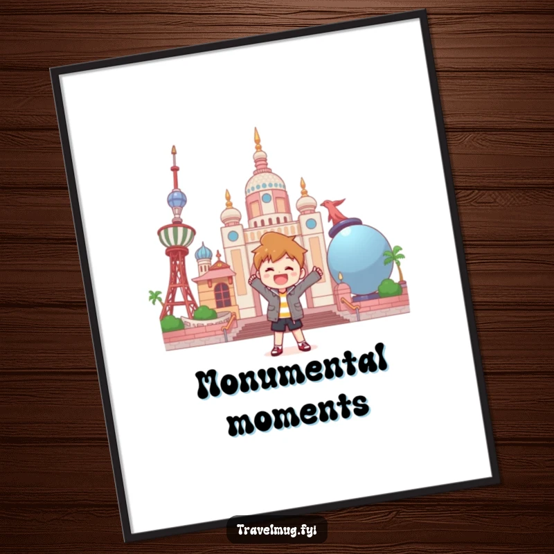 Funny poster of a character joyfully posing before a landmark constructed entirely from comically large objects.