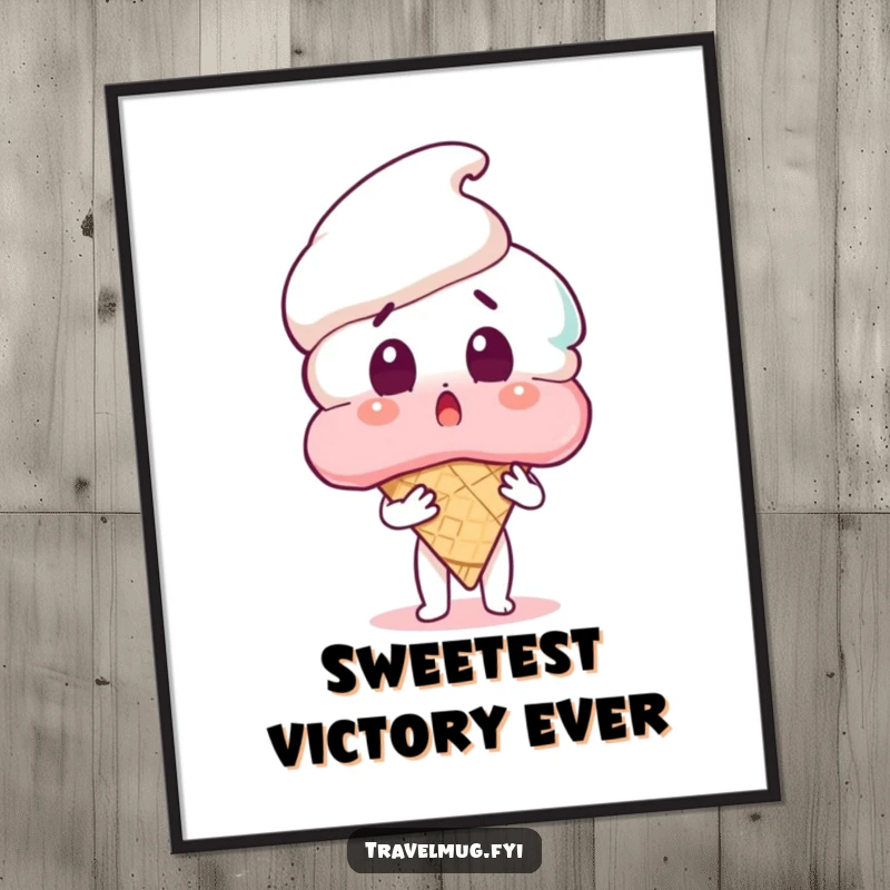 Funny poster showcasing a character in mid-surprise, clutching an enormous ice cream cone, bringing humorous sweet vibes to wall art.