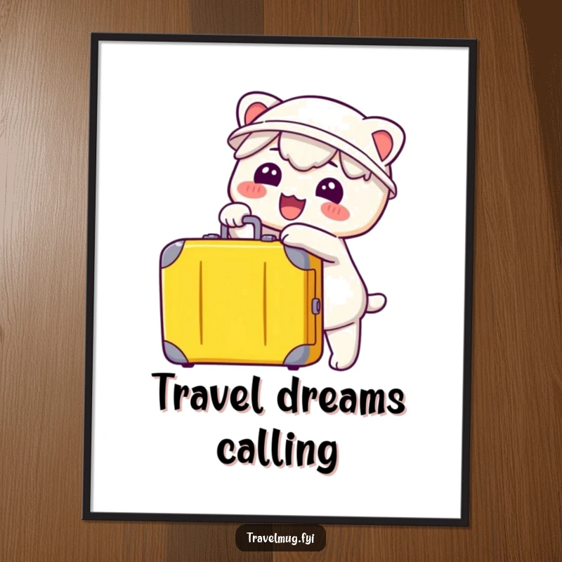 Funny Kawaii Poster, a happy character pointing at a suitcase, symbolizing departure and travel anticipation.