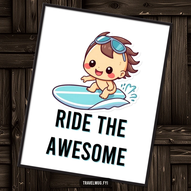 Funny Kawaii Poster, a happy character grinning on a surfboard, capturing the joy of surfing.